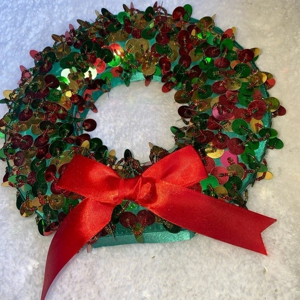 8” Bloomingdales Christmas Red‎ Ribbon Wreath w & Green & Red & Gold Sequences